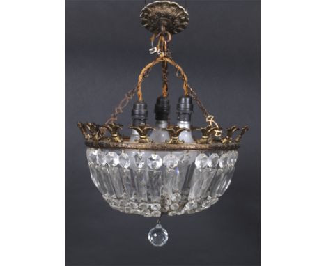 Early 20th century 'Drop Bag' ceiling light fitting with glass lustres and fleur de lys style top. 34 cm diameter Condition R