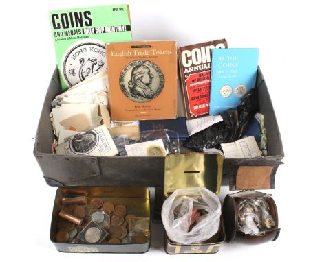 A large quantity of English coins. Including pennies, brass 3ds, stamps, coin tools, etc.