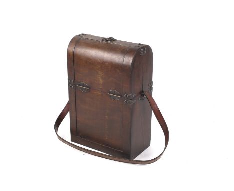 A vintage mahogany two bottle wine carrier with shoulder strap. 