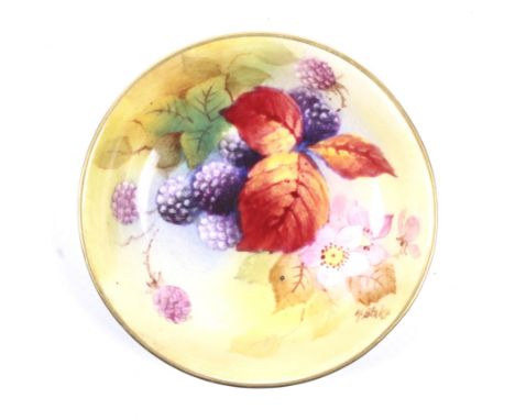 Kitty Blake for Royal Worcester : A signed handpainted dish with blackberries/hedgerow pattern. Puce mark verso. 8.5 cm D   C