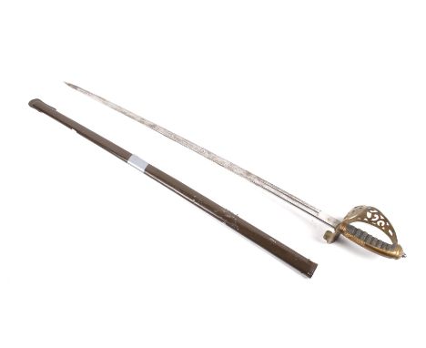 A Wilkinson Royal Engineers Colonel's sword with engraved blade and scabbard. Total L101cm   Condition Report:  Not reproduct