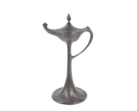 Art Noveau, Kayserzinn : An exceptionally rare pewter pedestal cigar lighter in the form of a Roman lamp. With cast decoratio