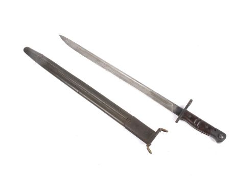 A WWI US Winchester Bayonet. Stamped to top of blade 1917 W and US. With wooden handle and leather scabbard. Total L58cm