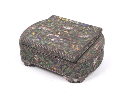 An early 20th century Chinese style white metal and enamel lidded box. Decorated with birds amongst flowers. W11cm. 