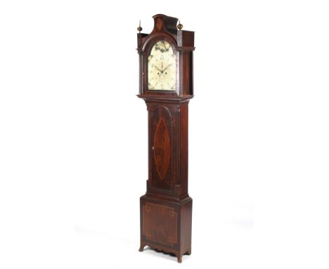 A 19th century oak, mahogany and inlaid eight day longcase clock by R Pitts, Epworth. The hood surmounted with turned wooden 