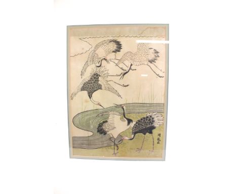 After Isoda Koryusai (1735-1790) print on silk, 'Cranes at the Lake' (1985). 27cm x 19.4cm, framed and glazed   Condition Rep