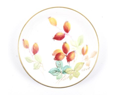 Kitty Blake for Royal Worcester : A signed handpainted dish with rosehip. Puce mark verso. 8.5 cm D   Condition Report:  no f