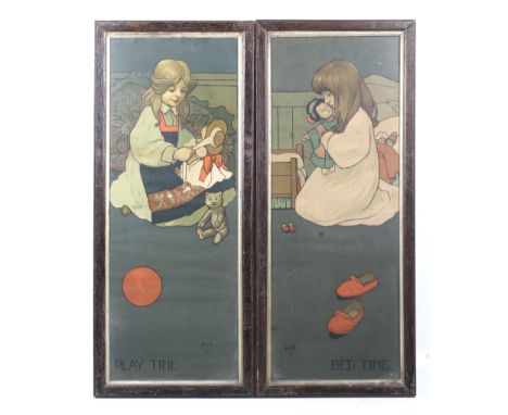 John Hassall, early 20th century illustrator and poster artist, pair of vintage posters, Playtime and Bedtime. 69cm x 26cm. F