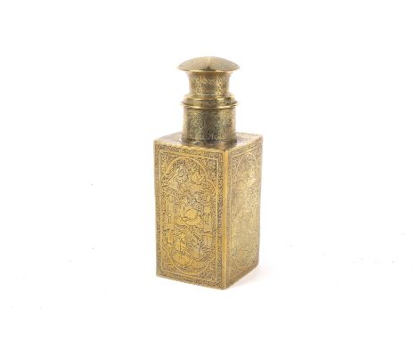 A Middle Eastern yellow metal (brass) tea caddy. Engraved with figural scenes in cartouches. H13cm. 
