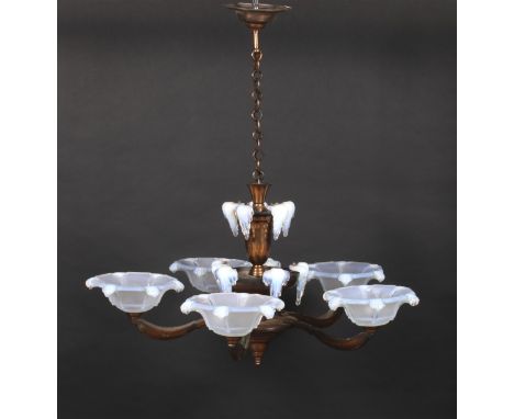 Vaseline /Opaque glass : An early to mid-20th century copper five branch pendant ceiling light. Of electrolier form with furt