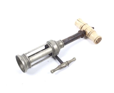 A circa 1805 4-Pillar Rack and Pinion 'Thomason's' manner bone handled 2-stage corkscrew. With intact 'pig's tail', unextende