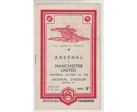 Football programme, FA Charity Shield, Arsenal v Manchester Utd, 6 Oct 1948 played at Highbury (team change and scorers noted