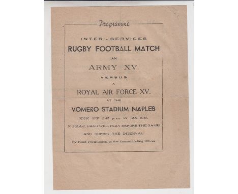 Rugby Union programme, scarce wartime inter-services match played between the Army XV and Royal Air Force XV, 27 Jan 1945 at 
