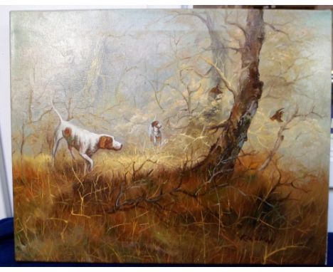 Oil Paintings, a pair of oil on canvas paintings signed 'Kingman' depicting hunting dogs 'putting up' partridges in woodland.
