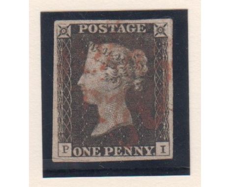 Stamp, 1d black PI stated to be plate 4, good 4 margin copy with light Maltese cross cancel.