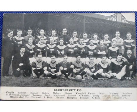 Postcard, Football, Bradford City FC, postcard showing squad players and officials, with legend detailing names and roles, pl