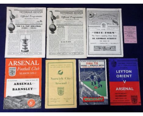 Football programmes, Arsenal FC, a complete set of FAC programmes 1951/52, Norwich away 3rd round, Barnsley home 4th round, O