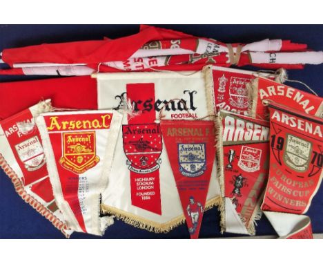 Football memorabilia, Arsenal FC, a mixed selection of items, mostly 1970's onwards inc. silk scarf (1970), 10 Pennants, (mos