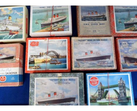 Wooden Jigsaws, most shipping related featuring The Queen Elizabeth, Mauretania, Arcadia, Oriana, Queen Mary, United States e
