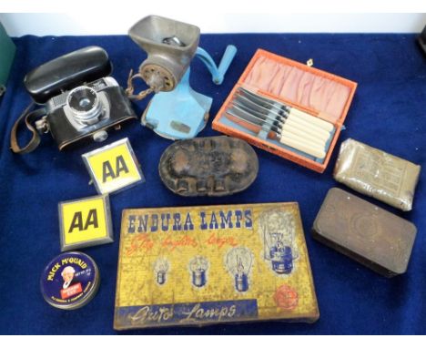 Collectables, an assortment of vintage tools, kitchenware and hardware to include 'The Atlantic Bulb Box' vintage car spare b