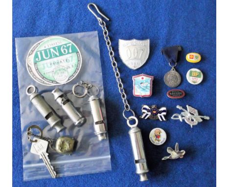 Collectables, selection inc. 4 whistles, one stamped 'The Acme City, Made in England' with chain, probably police issue, a Ne