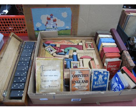 Oro Mid XX Century Wooden Building Blocks (boxed), 'Stones' dominoes and a quantity of vintage card games:- One Tray