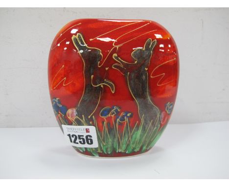 An Anita Harris 'Boxing Hares' Purse Vase, gold signed, 12cm high.