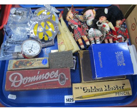 AA Car Badges x 2, dominoes, dolls, table lighter, harmonica, etc:- One Tray.