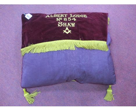 An Early XX Century Masonic Display Velvet Cushion, with hanging veil marked 'Albert Lodge No 854 Shaw' and compass over 'V' 