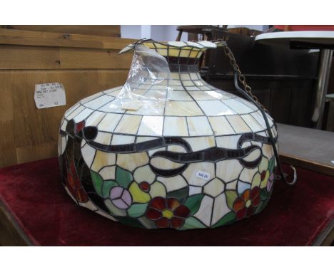 A Leaded Glass Ceiling Light, with floral decoration, (some damage to the top).