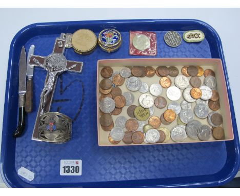 Crucifix, coinage, napkin ring, buttons, badges, etc:- One Tray.                                                             