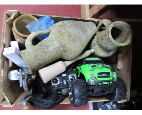 Two Terracotta Weathered Ewers, 35cm high, scales and weights, model vehicle:- One Box