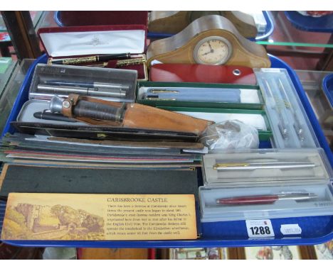 Writing Pens, book marks, Thompson of Sheffield bowie shape knife, coinage, mantle clock.