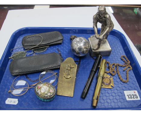 Novelty Lighters, one as a cricket ball, the other as a sportsman, 14cm high. Brass paper clip, spectacles in cases, De La Ru