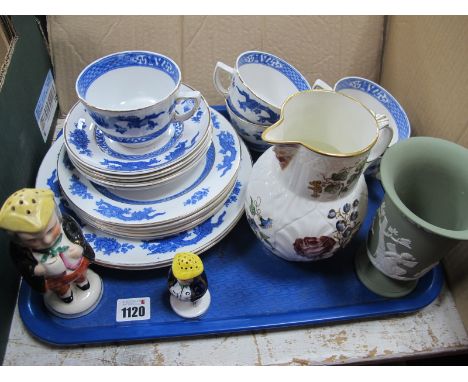 Worcester China Jug, having mask pourer, Wedgwood jasper vase, muffineers, Crescent 'Dragon' table ware:- One Tray.