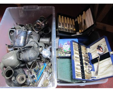 Pewter and Silver Plated Table Ware, cases of cutlery, etc:- Two Boxes.