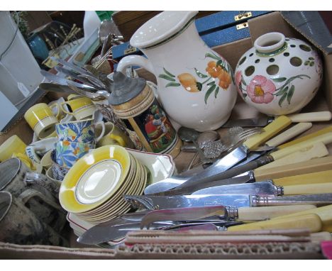 Cutlery, German stein, Grey's pottery, coffee cuts, saucers:- One Tray.