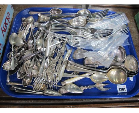 Silver Plated Cutlery, including ladles, Isle of Man sugar tongs, grape scissors.