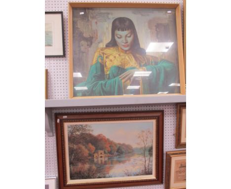 After V Tretchikoff Print, 'Lady from Orient', together with another print of a river scene, Tretchikoff print 58 x 69cm.