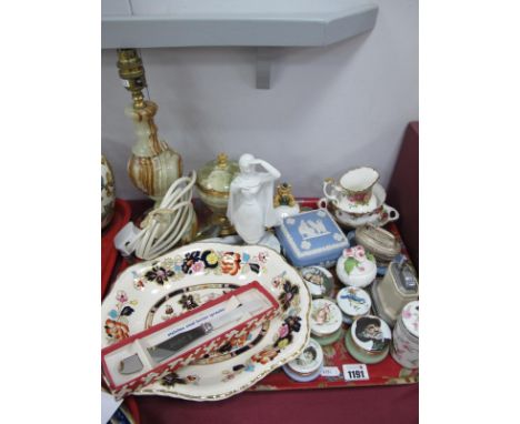 Mason's 'Mandarin' Dish, Wedgwood jasperware trinkets, Dunhill table lighters, Millers enamel trinket pots, alabaster table l