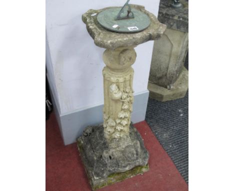 Reconstituted Stone Sundial, column decorated with foliage.