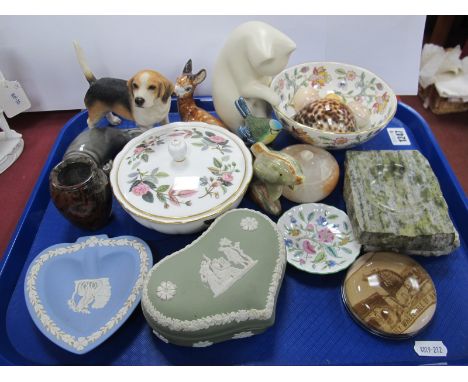 Wedgwood Jasperware Trinket Box, paperweight, Wedgwood 'Hathaway Rose' bowl and cover, Minton bowl:- One Tray