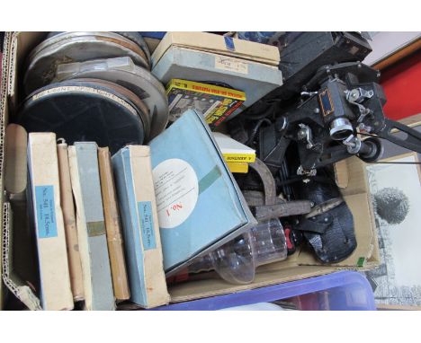 Cine Camera and Reels - Adventures of Popeye, The Count of Monte Cristo and other film reels, flat iron, oil lamp, horseshoe,