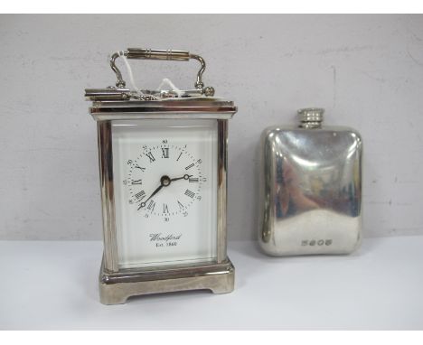 Woodford Est 1860 Plated Carriage Clock, 12cm high - key, together with a pewter Whiskey flask.