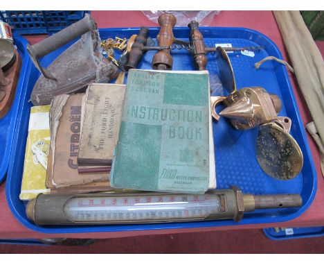 Brass Propellor, 22.5cm wide, thermometer, Pitmans and other car handbooks, corkscrews, etc:- One Tray