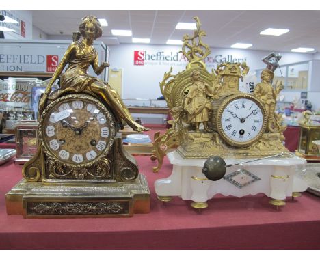 Early XX Century Gilt Framed 30 Hour Mantle Clock, on alabaster base, a later example. 23.5cm wide.