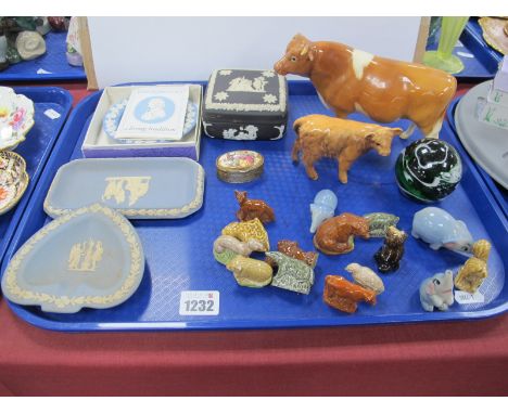 Beswick Cow, stamped Sabrina's Sir Richmond 14th, Beswick calf, Wade, Whimsies, Wedgwood Jasper ware, trinket box, etc:- One 