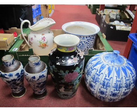 Oriental - Pair of Blue &amp; White ovoid vases, 22cn high, early XX Century later ginger jar and jardiniere, black grounded 