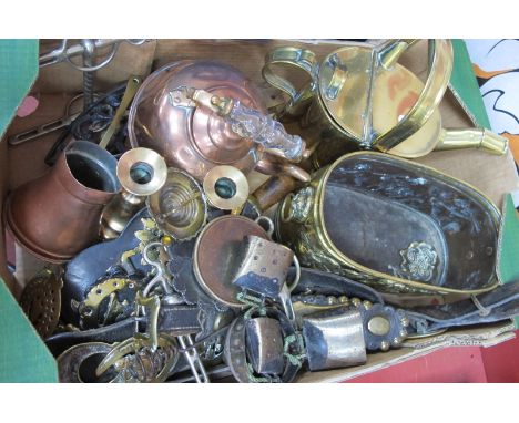 XIX Century Copper Kettle, brass watering can, brass planter, horse brasses, pair of XIX Century brass candlesticks, etc:- On