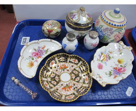 Crown Derby Pin Trays, Poole jam pot, Continental lidded pot, etc:- On Tray